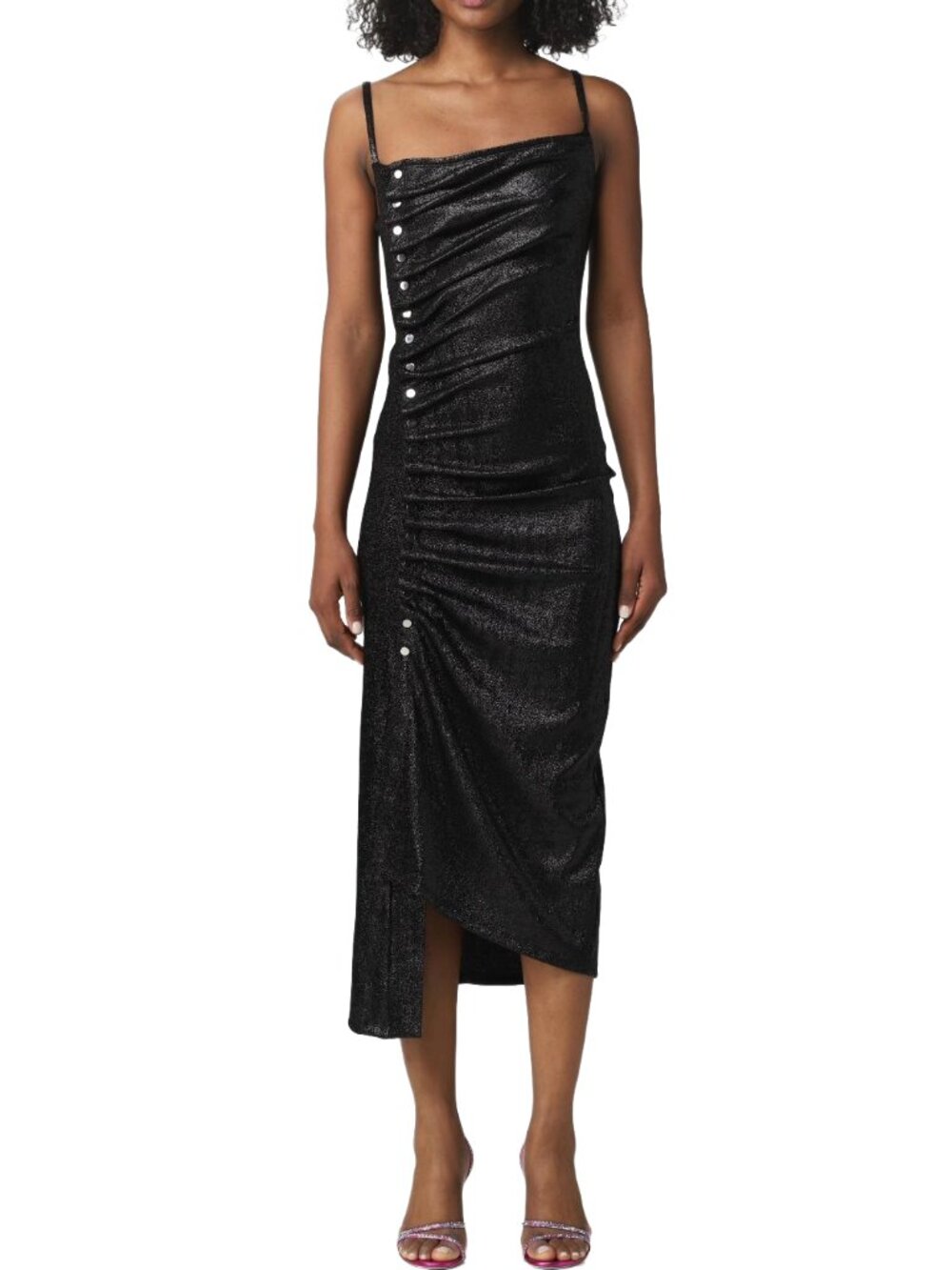 PACO RABANNE DRAPED RUCHED BLACK LUREX SPARKLE MIDI DRESS 40 FR 10 US